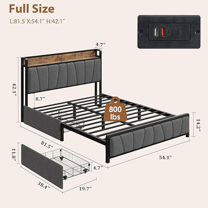 GAOMON Full Size Bed Frame with Storage Headboard and 2 Drawers, Linen Upholstered Platform Bed Frame with Charging Station, Heavy Duty, No Box Spring Needed, Easy Assembly, Noise Free, Grey&Brown