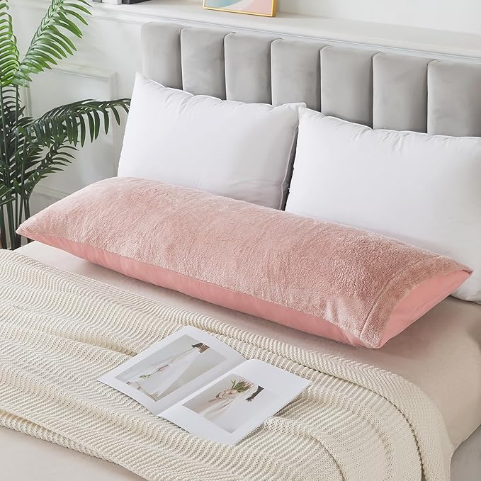 Whatsbedding Sherpa Body Pillow Cover, Ultra Soft Faux Fur Body Pillowcase, Luxury Shaggy Plush Long Pillowcase, Envelope Closure - Pink (20x54 inch)