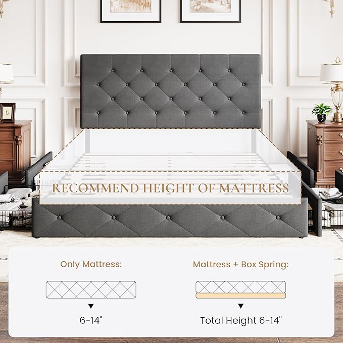 SHA CERLIN Upholstered Queen Size Platform Bed Frame with 4 Storage Drawers, Adjustable Headboard with Diamond Stitched Button Tufted Design, Wooden Slat Support, No Box Spring Needed, Dark Grey