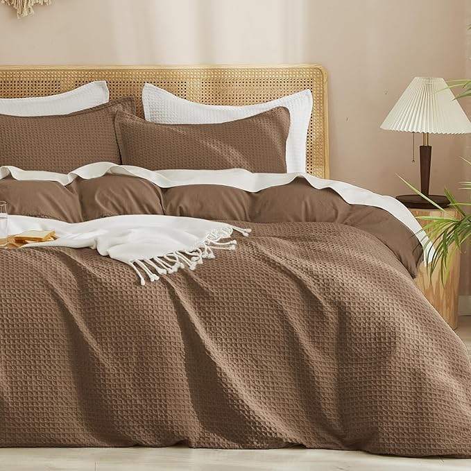 PHF Waffle Duvet Cover Set Twin/Twin XL Size, No Snagging Soft Luxury Textured Breathable Comforter Cover for All Season 2pcs, Durable Bedding Duvet Set with 1 Pillow Sham, 68"x90", Mocha