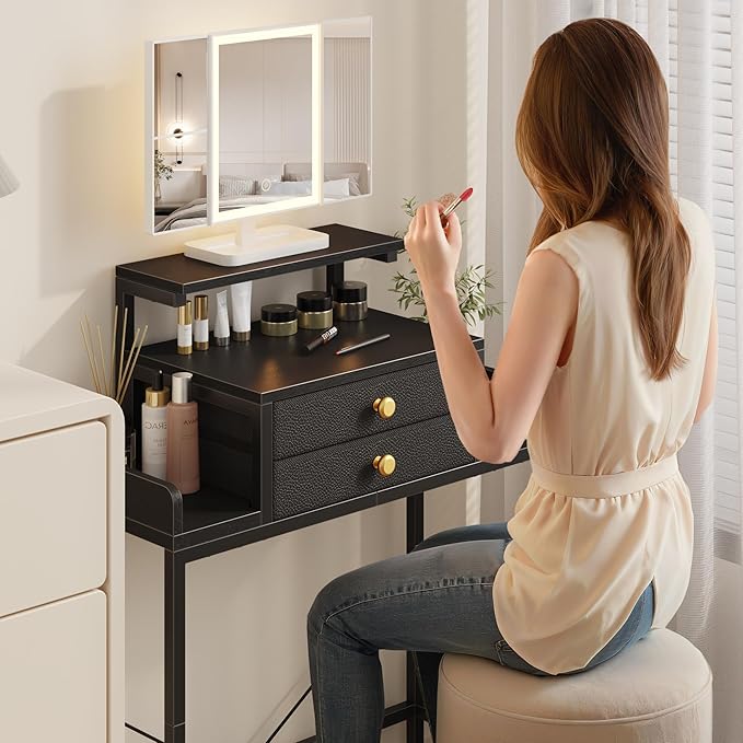 HIGDBFE Vanity Desk with Mirror and Lights, 28.4''W Small Makeup Vanity Table with Height-Adjustable Stand, 2 Fabric Drawers Compact Makeup Desk, Gift for Girls, Bedroom Small Space, Black