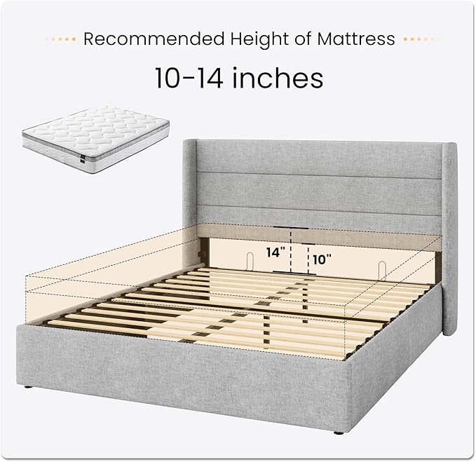 SHA CERLIN Full Size Lift Up Storage Bed/Modern Wingback Headboard/Upholstered Platform Bed Frame/Hydraulic Storage/No Box Spring Needed/Wood Slats Support/Light Grey