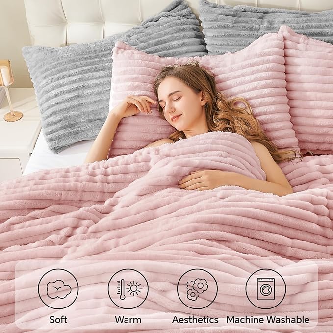 BEDELITE Fleece King Comforter Set -Super Soft & Warm Fluffy Pink Bedding, Luxury Fuzzy Heavy Bed Set for Winter with 2 Pillow Cases