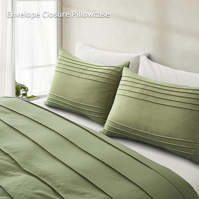 Oli Anderson Sage Green Duvet Cover Twin Size - Pleated Twin Duvet Cover, 2PCS Soft and Breathable Textured Bedding Set with Zipper Closure(Sage Green,68"x90")