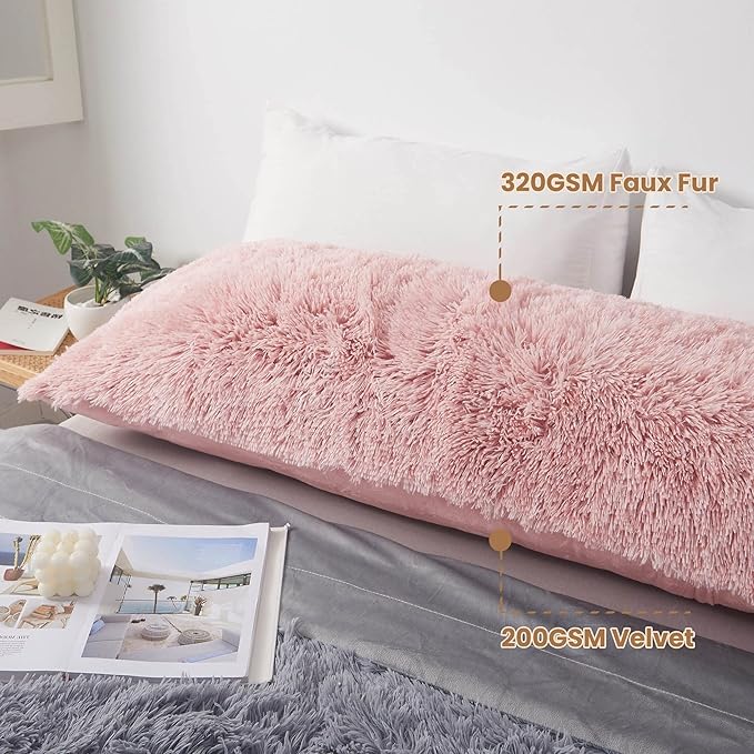 MEGO Shaggy Plush Body Pillow Cover, Pink Faux Fur Fluffy Body Pillowcase, 20x54 Boho Fuzzy Full Body Pillow Case, Furry Rectangular Long Big Throw Pillow Cover with Zipper Closure Ombre Pink