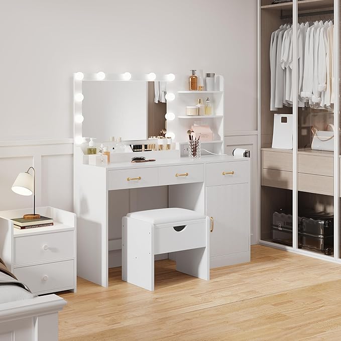 GarveeHome Vanity Desk with Mirror and Lights, Vanity Set with Upholstered Storage Stool, Makeup Vanity with Power Outlet & 11 LED Bulbs, Dressing Table with 3 Drawers & Storage Shelves, New White