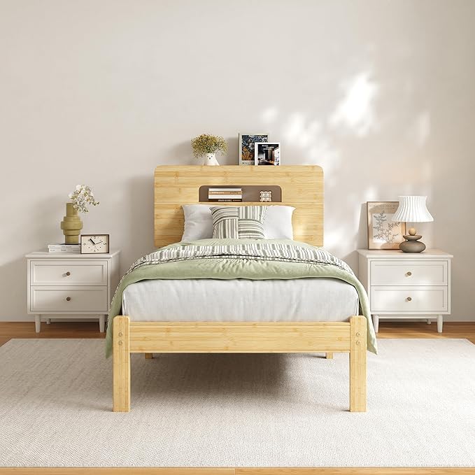 ZIYOO Twin XL Size Bamboo Bed Frame 12 Inch Height, Heavy-Duty Bed Base with Natural Bamboo Exterior & Metal Support Slats, Anti-Slip Platform Bed for Bedroom
