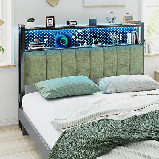 VINGLI Sage Green King Size Headboard for Bed with Storage, Upholstered Head Board with Charger and LED Light, 2 Tier Shelves and Pegboard,Height Adjustable