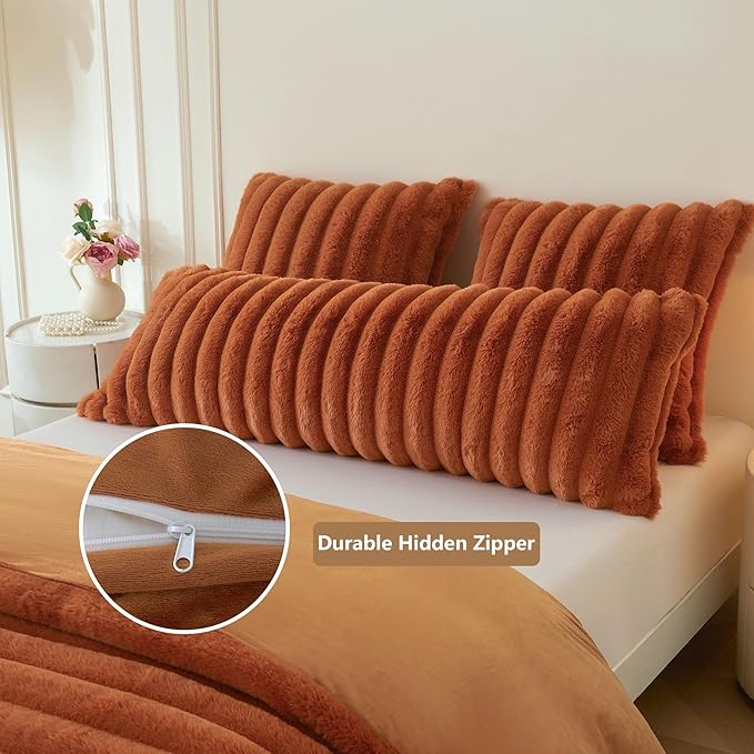 MEGO Fluffy Faux Rabbit Fur Body Pillow Cover, Comfy Plush Fuzzy Striped 20x54 Bed Body Pillowcase, Shaggy Furry Ribbed Bedroom Long Pillow Case with Zipper for Kids Girls Teens Adults, Burnt Orange