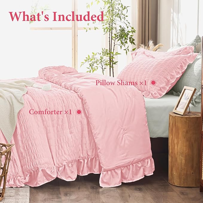 JOLLYVOGUE Pink Twin Size Comforter Set, 2 Pieces Seersucker Lightweight Fluffy Bedding Set, Twin Ruffle Comforter, All Season Soft Microfiber Shabby Chic Bed Set
