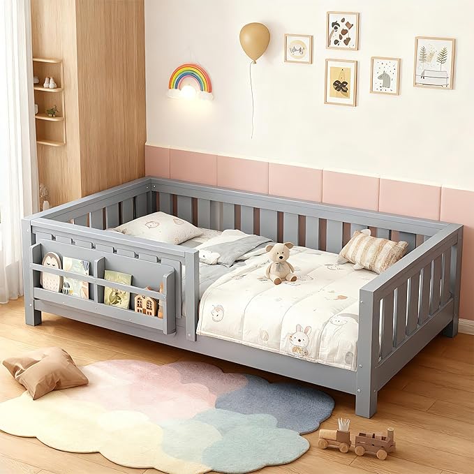 Bellemave Twin Floor Bed Frame with Fence & Bookshelf, Solid Pine Wood Twin Montessori Floor Bed with Slats Load 300LBS, Low Profile Floor Bed for Kids, Bedroom, Nursery, Easy Assembly, Grey