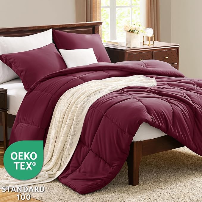 CozyLux King Size Comforter Set - 270GSM Burgundy Bedding Sets for All Seasons Size, 3 Pieces Box Stitched Bed Set with 1 Down Alternative Comforter and 2 Pillow Shams, Soft, Lightweight, Durable
