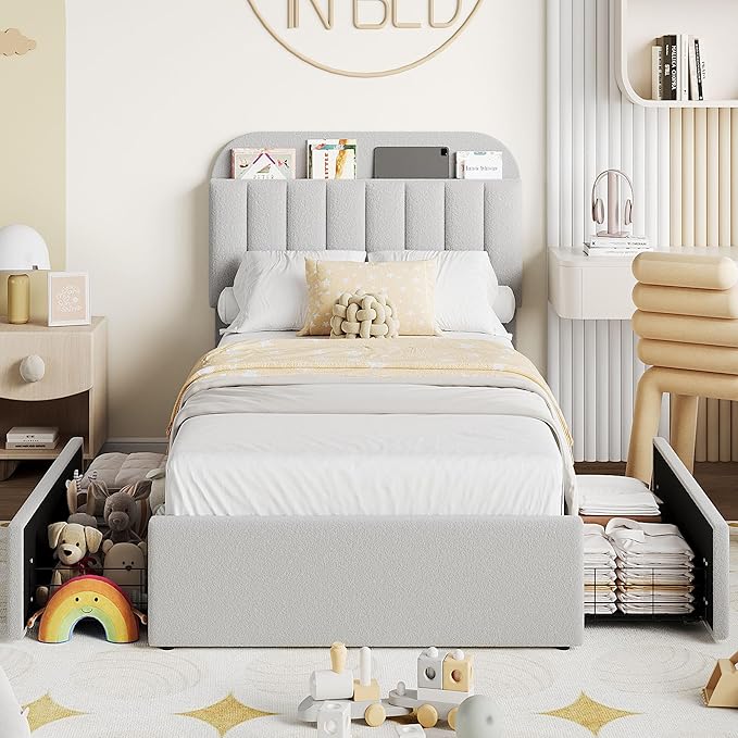 IDEALHOUSE Twin Bed Frame for Kids, Boucle Upholstered Platform Bed for Boys/Girls with 2 Flexible Drawers, Bookcase Headboard, Noise-Free, Easy Assembly, No Box Spring Needed, Gray