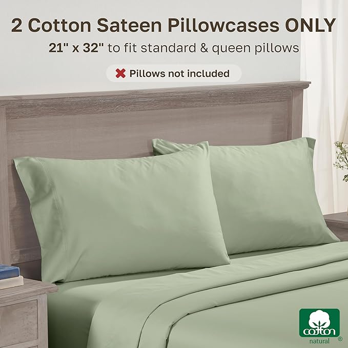California Design Den Premium Standard Pillow Cases Set of 2-600 Thread Count Sateen, Natural 100% Cotton Pillowcases Queen/Standard, Crisp, Durable Bedding - Laurel Green