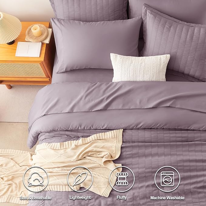 CozyLux Oversized Queen Comforter Set Dusty Purple Seersucker 7 Pieces 98x98 Bed in a Bag Comforter Set with Sheets, Grayish Purple Bedding Set Down Alternative Comforter, Sheets, Pillowcases & Shams