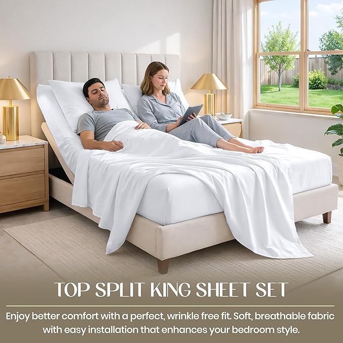 SGI bedding 36" King Split Top Flex Head Sheet 100% Egyptian Cotton Sheet Set 1000 Thread Count Flex Top Sheet for Adjustable Bed 4Pc Sheet Set 15" Deep Pocket for Sleep Number Bed - White
