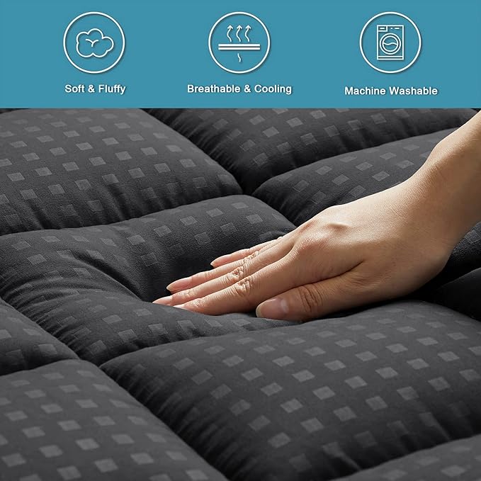 HYLEORY Full Mattress Pad Quilted Fitted Mattress Protector Cooling Pillow Top Mattress Cover Breathable Fluffy Soft Mattress Topper with 8-21" Deep Pocket, Black