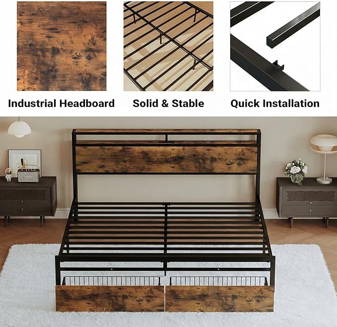 LIKIMIO Queen Bed Frame with Storage Headboard, Queen Size Bed Frame with Charging Station & 2 Drawers, No Box Spring Needed, Easy Assembly