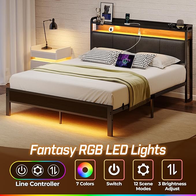 Rolanstar Bed Frame Full Size with Charging Station and LED Lights, Upholstered Headboard with Storage Shelves, Heavy Duty Metal Slats, No Box Spring Need, Noise Free, Easy Assembly, Dark Grey