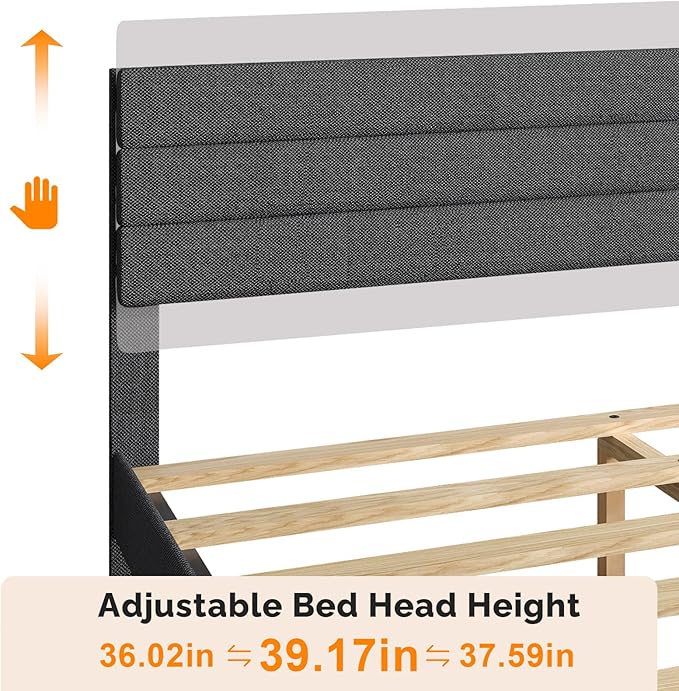VINGLI Twin Bed Frames for Kids with Headboard, Mattress Foundation with Cozy Linen Upholstered,No Box Spring Needed,Stable Wooden Slats Support, Dark Gray