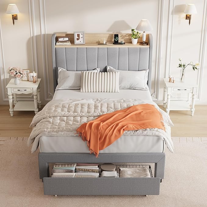 Garvee Queen Size Platform Bed Frame with Upholstered Storage Headboard, Built-in Charging Station, Metal Drawers, Wooden Slats, Sturdy and Noise-Free, Modern Bedroom Furniture - Twin, Light Gray