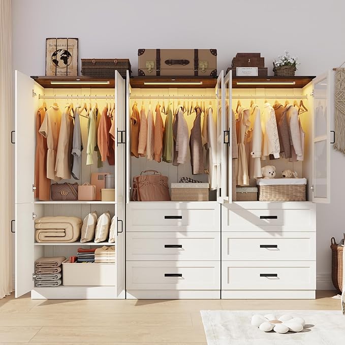 75" Tall Farmhouse 6 Doors Armoire Wardrobe Closet with 3 Drawers and LED,Freestanding Closet Wardrobe Cabinet for Bedroom with Hanging Rod,Wooden Armoire Storage Cabinet(Rustic Off White 6 Doors 2)
