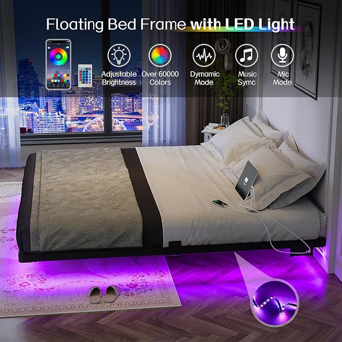 OLEVS King Size Floating Bed Frame, Metal Platform, with LED Light and Charging Station, No Box Spring Needed, Noise-Free, Easy Assembly