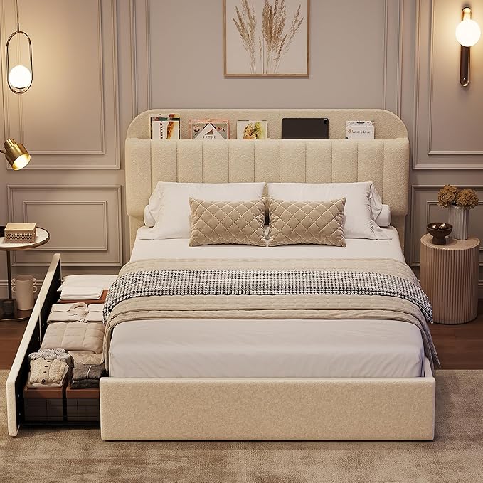 GarveeHome Queen Bed Frame with Storage Headboard, Girls Bed Frame with 2 Drawers, Boucle Upholstered Platform Bed with Bookcase, No Box Spring Needed, Easy Assembly, Ivory White
