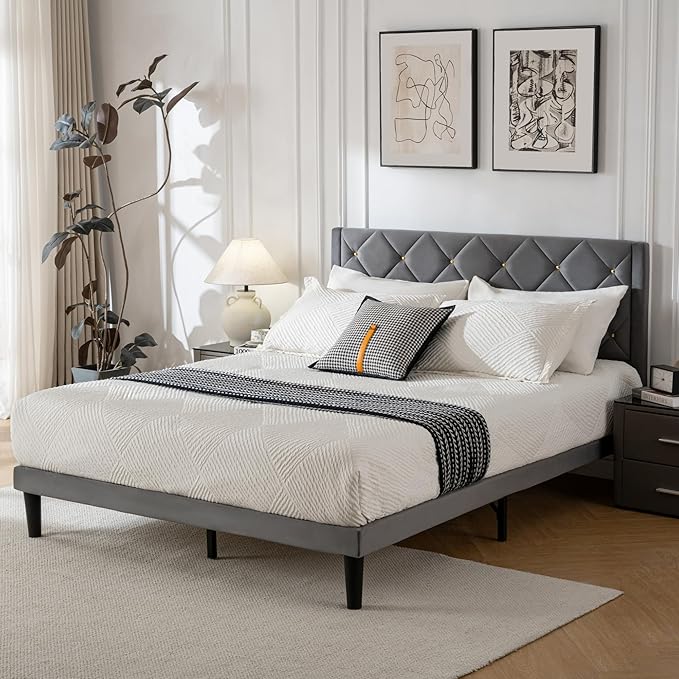 Full Bed Frame with Headboard, Bed Frame Full Size with Sturdy Wooden Slats Support, Platform Frame with Velvet Upholstered Headboard, Mattress Foundation, Easy Assembly, No Box Spring Needed grey