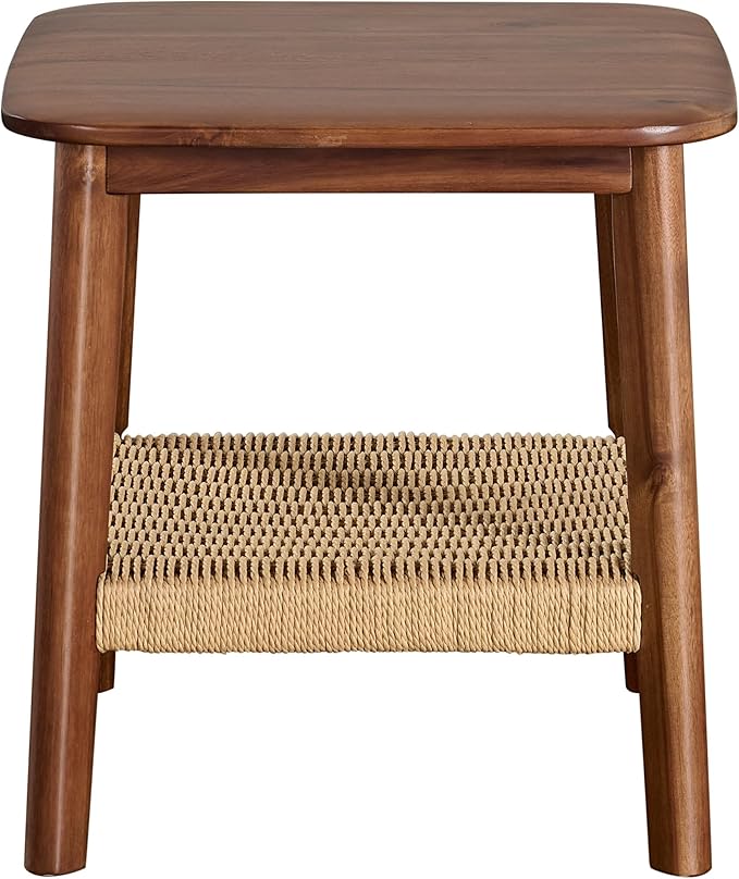 Alaterre Furniture Calais 2-Tier Solid Wood End Table with Woven Storage Shelf – Mid Century Modern Nightstand or Side Table for Living Room, or Bedroom (Chestnut)