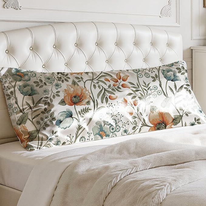 EXQ Home Satin Pillowcase for Hair and Skin - Printed Summer Flowers Silk Body Pillowcase 20x54 inches - Body Pillow Cases with Envelope Closure, Gifts for Women Men