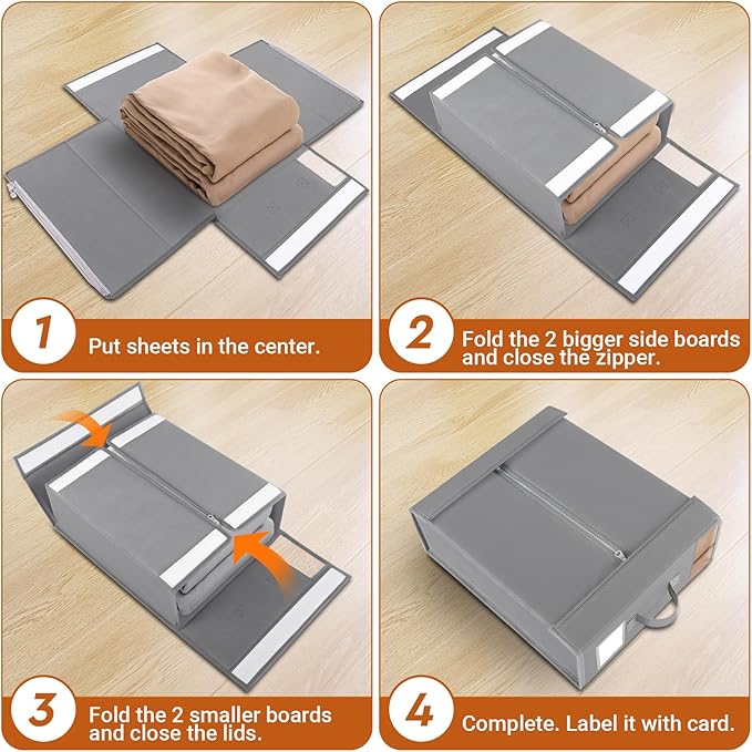 StorageTastic 2 Pack Bed Sheet Closet Organizers and Storage,Sturdy Foldable Storage Containers with Window and Label,Storage and Organization for Bedding Sheets,Duvet Covers,Blankets (Grey)
