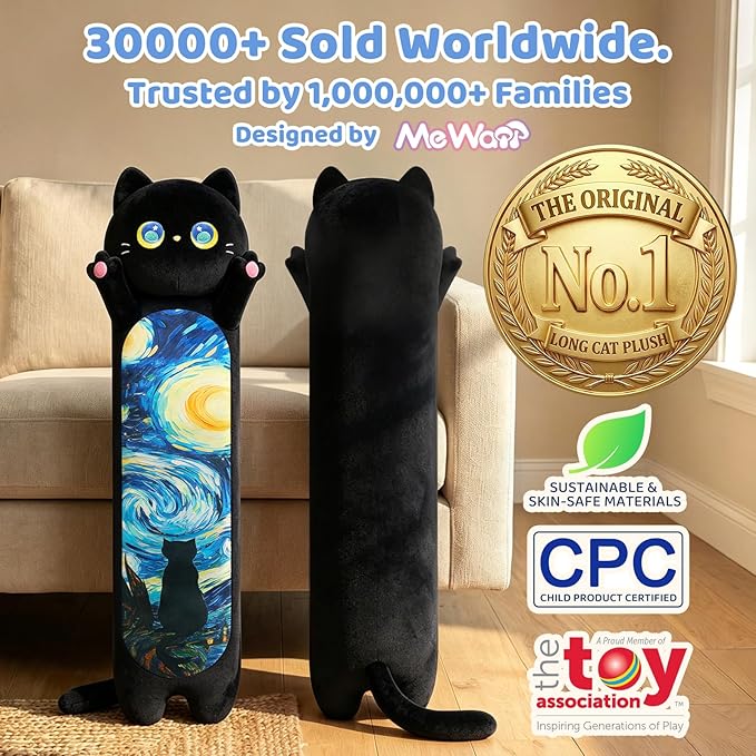 Mewaii Long Cat Plush 5 Sizes, 120% Extra Filling Giant Plushness Kids Body Pillow, Kawaii Cute Black Starry Cat Stuffed Animals Plushies, Big Long Body Pillow Cat Plush Gift for Girls 44”