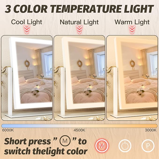 FENNIO Vanity Mirror with Lights 13'' x 17'' Makeup Mirror with Lights,Vanity Mirror Touch Screen with 3-Color Lighting,Dimmable,for Vanity Desk Bedroom White