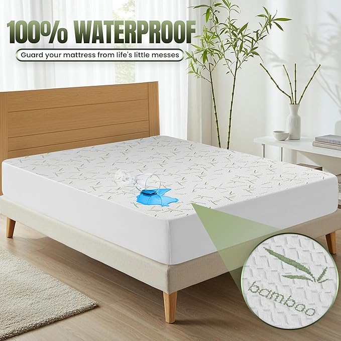 Utopia Bedding Waterproof Mattress Protector Twin Size Bed, Premium 200 GSM Bamboo Viscose Cooling Mattress Cover, Soft and Breathable, Fitted Style with 15 Inches Deep Stretchable Pockets