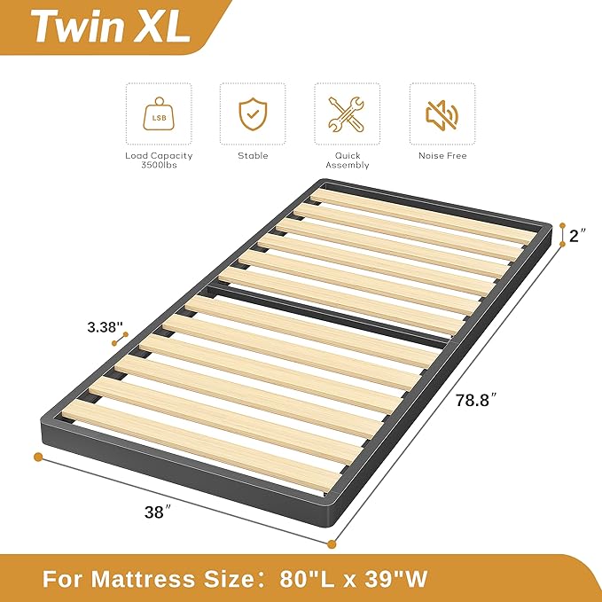 MAF 2 Inch Twin XL Box Spring, Low Profile Metal BoxSpring with Round Corners, Bunkie Board with Wood Slats Bed Slat Replacement 3500 lbs Black Heavy Duty Metal Mattress Foundation, Easy Assembly
