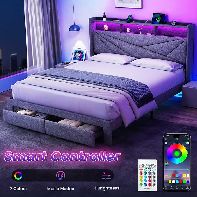 Driftalia LED Full Size Bed Frame with 2 Storage Drawers, Upholstered Full Bed Frame with Headboard and Charging Station, No Box Spring Needed, Easy to Assembly-Light Grey