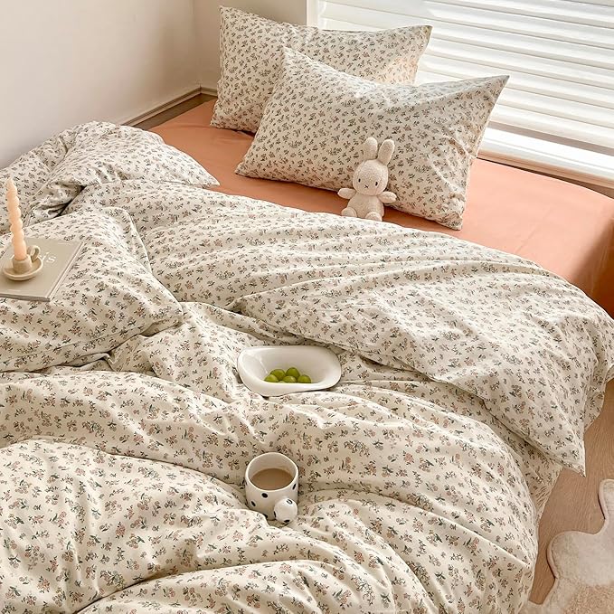 mixinni Boho Floral Girls Duvet Cover Set King Size Soft Cotton Comforter Cover Set Farmhouse Shabby Chic Flower Duver Cover for Women, 1 Cute Floral Duver Cover and 2 Pillowcases for All Seasons