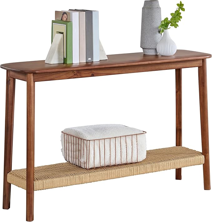 Alaterre Furniture Calais 48 Inch Solid Wood Entryway Table with Woven Storage Shelf – Mid Century Modern 2-Tier Sofa Table for Living Room, Hallway, or Foyer (Chestnut)