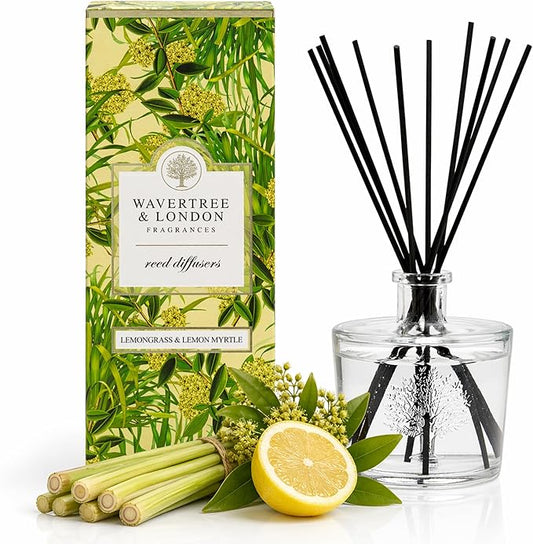 Wavertree & London Natural Lemongrass & Lemon Myrtle Scented Reed Diffusers Set - Long Lasting Aromatherapy Air Freshener Diffuser with Sticks | 250ml Scented Diffuser with 6 Months Scent Life