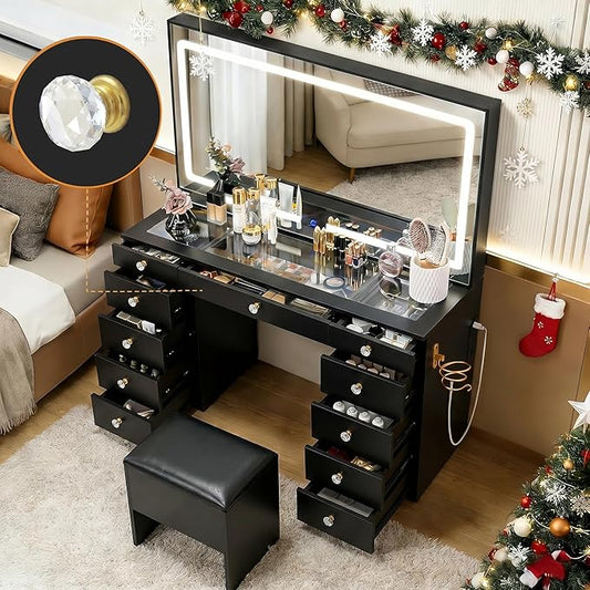 11 Drawers Glass Top Vanity Desk with Chair, Crystal Handles Makeup Vanity with Mirror and Lights, Dressing Table with Power Outlet, Adjustable Lighting Modes, Black