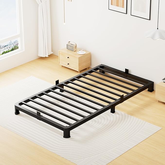 Superay 4 Inch Twin Bed Frame Low Profile, Heavy Duty Metal Platform Bed Frame with Round Corner Legs, Sturdy Mattress Foundation, No Box Spring Needed, Easy Assembly, Noise Free, Black