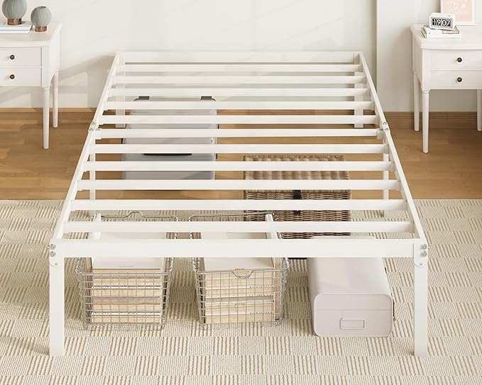 Allewie Twin Bed Frame, 14 inch Metal Platform Beds with Storage Space, No Box Spring Needed and Easy Assembly, White