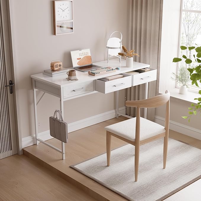 Pamray 47 Inch Small Computer Desk with 3 Drawers for Bedroom Study Writing Home Office Table for Small Spaces White