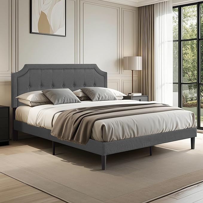 VECELO Queen Upholstered Platform Bed Frame with Adjustable Button Stitched Panel Headboard,Strong Wood Slat Support,Velcro Design,Mattress Foundation/Easy Assembly,Grey