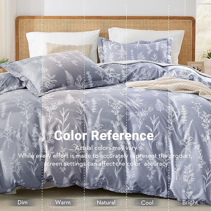 MUXHOMO Duvet Cover Queen Size, Reversible Floral Grey Duvet Cover Set with Zipper Closure, 3 Pieces Botanical Patterns Soft Microfiber Bedding Set with 4 Ties (90"x90", 2 Pillow Cases)