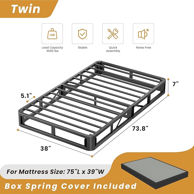 MAF 7 Inch Twin Box Spring, High Profile Box Spring Twin Size 3500 lbs Black Heavy Duty Metal Mattress Foundation with Easy Clean Fabric Cover, Easy Assembly
