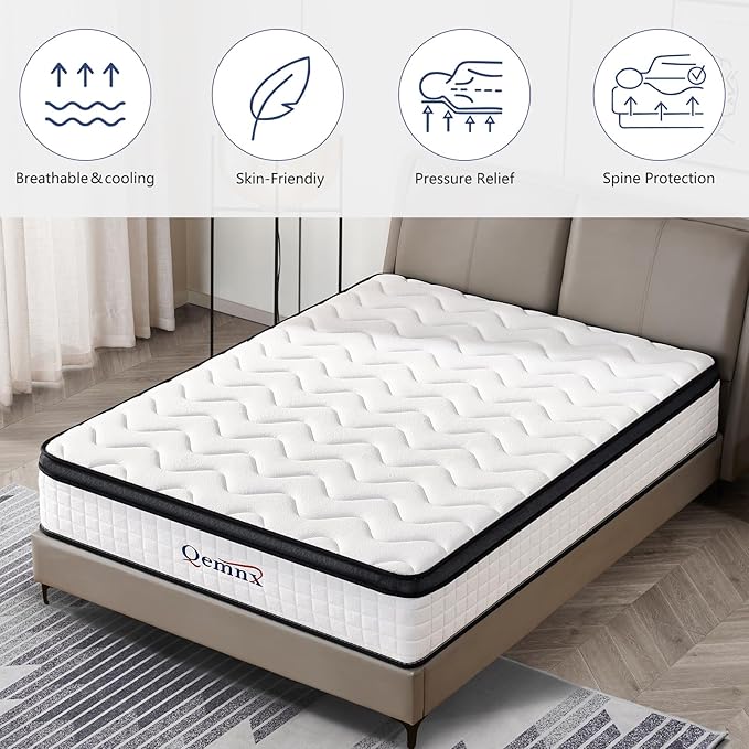 12 Inch Queen Hybrid Mattress, Memory Foam and Spring Construction, with Edge Support, Motion Isolation & Pressure Relief, Breathable & Eco-Friendly, Easy Setup