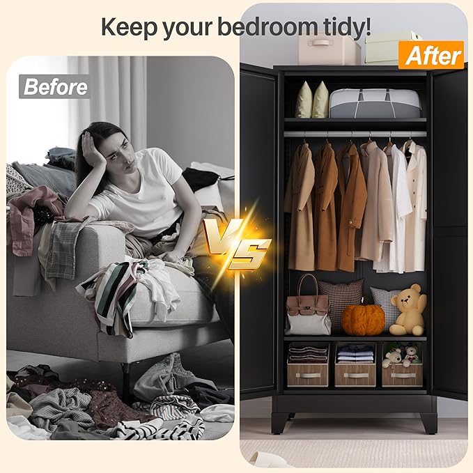 RIETERN Metal Armoire Wardrobe Closet, 71" Tall Bedroom Closet with Mirror, Adjustable Shelves, and Hanging Rod, Steel Clothes Closets and Storage, for Bedroom Black