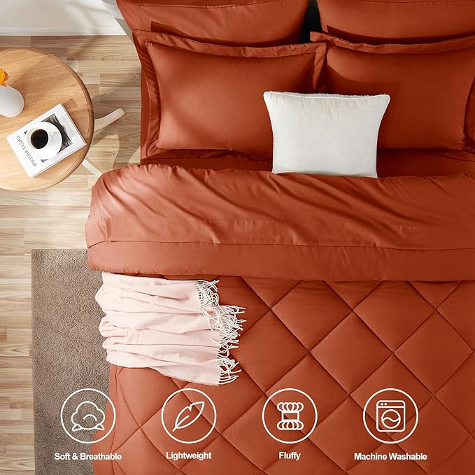 CozyLux Twin XL Comforter Set Burnt Orange - 5 Pieces Twin Extra Long Bed in a Bag for College Dorm, All Season Bedding Set for Girls and Boys, Soft Bed Set with Comforter, Sheets, Pillowcase & Sham